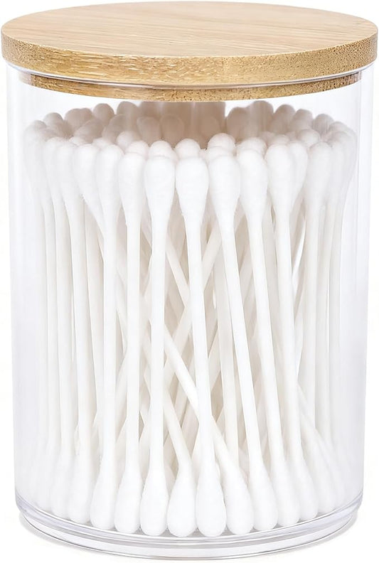 AXX Qtip Dispenser Apothecary Jars Bathroom - Qtip Holder Storage Canister Clear Plastic Jar for Cotton Swab,Q-Tips,Cotton Rounds (H#Bamboo 1Pcs)