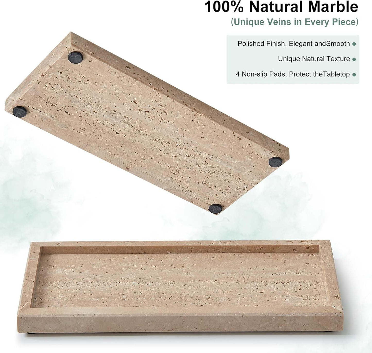 Natural Small Travertine Tray for Bathroom Vanity and Kitchen Sink, Stone Countertop Organizer for Soap Dispenser, Jewelry, Perfume, Candle, Ring, Home Decor, Non-Resin Non-Ceramic