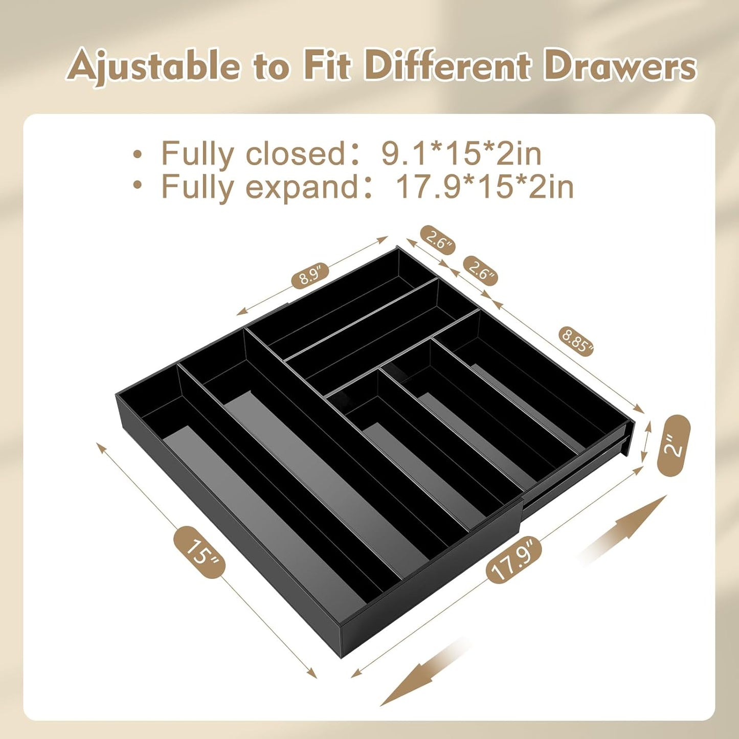 1 Pcs Acrylic Drawer Organizer Maximum 15 x 18 x 2 Inch Expandable Drawer Organizer Pens Notebook Ruler Makeup Tray with 7 Adjustable Compartments for Desk Office Kitchen Bathroom (Black)