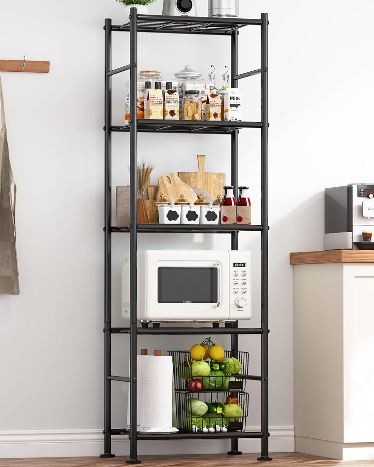 Storage Shelves - 5 Tier Shelf Organizer, Heavy Duty Garage Shelving Unit with Leveling Feet, Stable Metal Shelves Organizer for Pantry, Kitchen and Closet, 18.4" W x 12.6" D x 57.4" H, Black