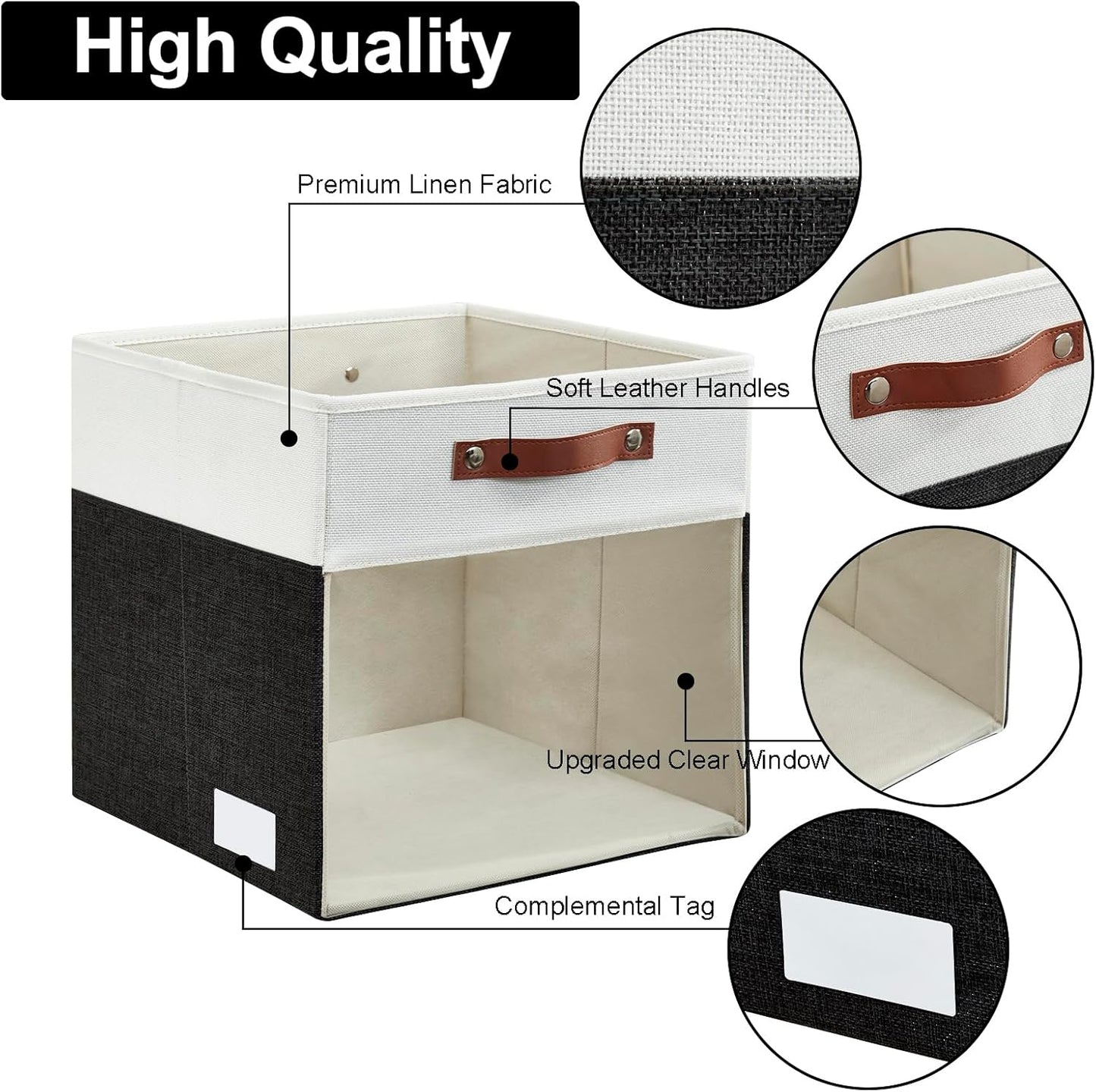 Storage Cubes, 4 Pack Linen Foldable Storage Bins (13 x 13 inch) with Clear Window and Handles, Fabric Organizer for Shelf Closet, Clothes, Books - (Black and White)