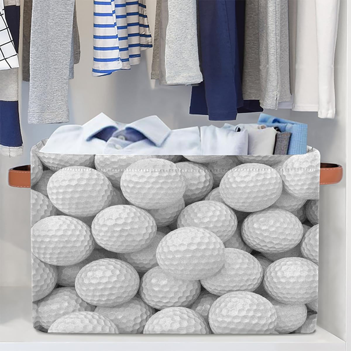 Golf Storage Basket for Shelves, Storage Bins with Handles, Collapsible Basket for Organizing, Closet Toy Baskets for Nursery Room, 15x11x9.5 in, Canvas, White Golf