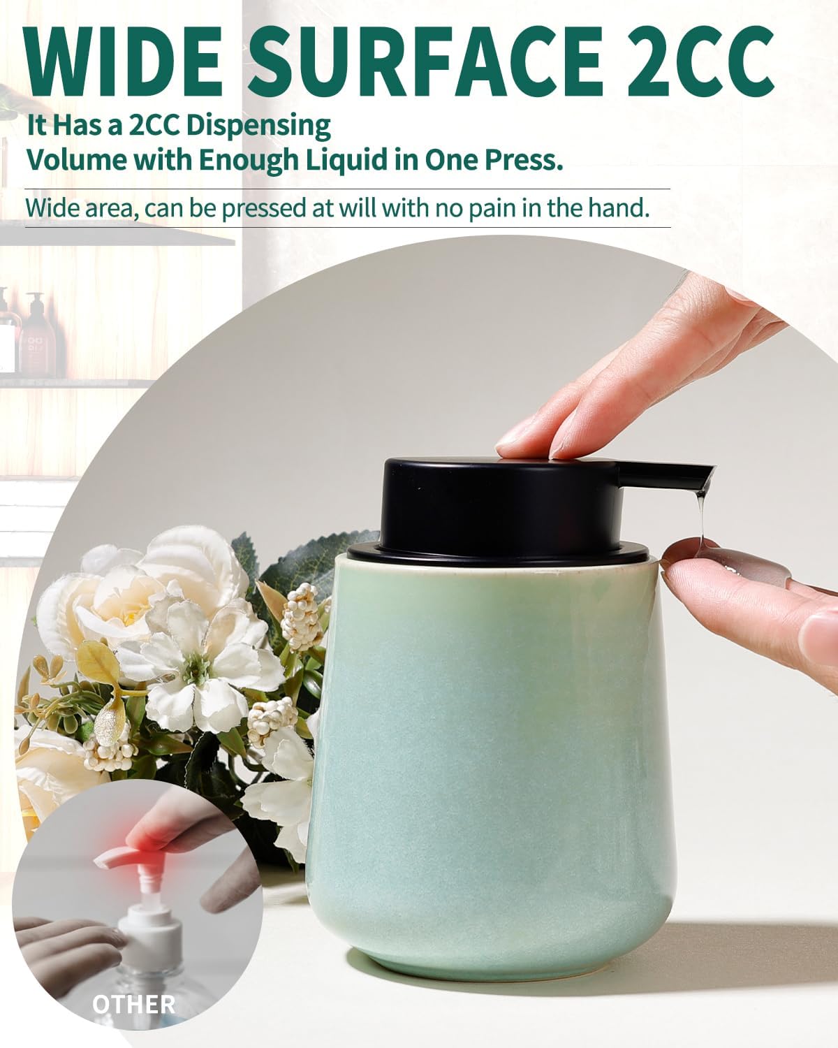 BosilunLife Hand Soap Dispenser - Ceramic Dish Soap Dispenser for Bathroom 12ounce Refillable Liquid Hand Wash Dispenser for Essential Oil, Lotion Soap, Light Green