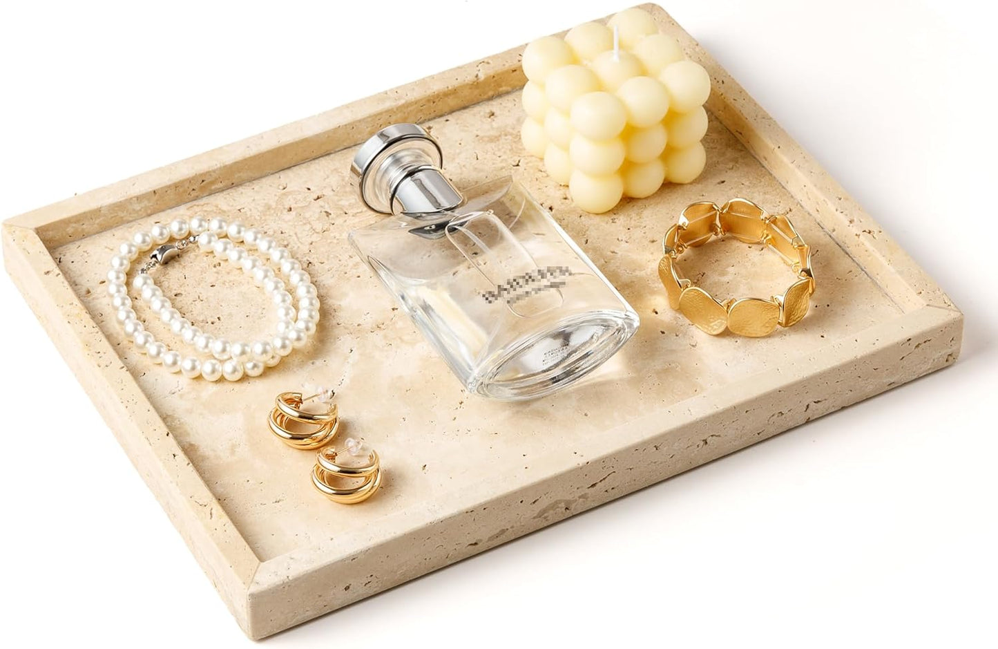 WORHE Vanity Tray Italy Travertine Stone for Jewelry, Perfume, Makeup, Candle Large Natural Marble Decorative Trays for Bathroom Dresser Rectangle Kitchen Storage Organizer for Home Decor Beige(WH021)
