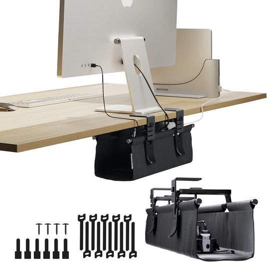 Ascrono Original No Drill Under Desk Cable Management Tray 14.1" - Premium Black Fabric Cable Management Under Desk - Clamp/Screw Mount Cord Organizer - Supports Upto 66lbs