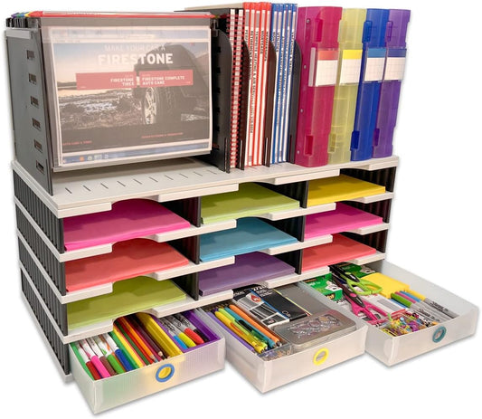 Desktop Organizer 12 Letter Tray Sorter with Hanging File Topper & 3 Supply Drawers - TierDrop Desktop Organizer Stores All of Your Documents, Books, Binders and Supplies in One Compact Modular System