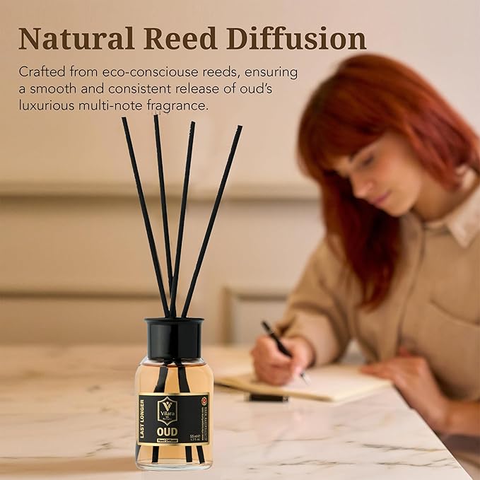 Reed Diffuser Set with Sticks for Home – Bathroom, Bedroom & Office Aromatherapy – Long Lasting Scented Oil Diffuser with Sticks – Luxury Room Fragrance Diffuser 55ml,1.7 fl oz (Oud)