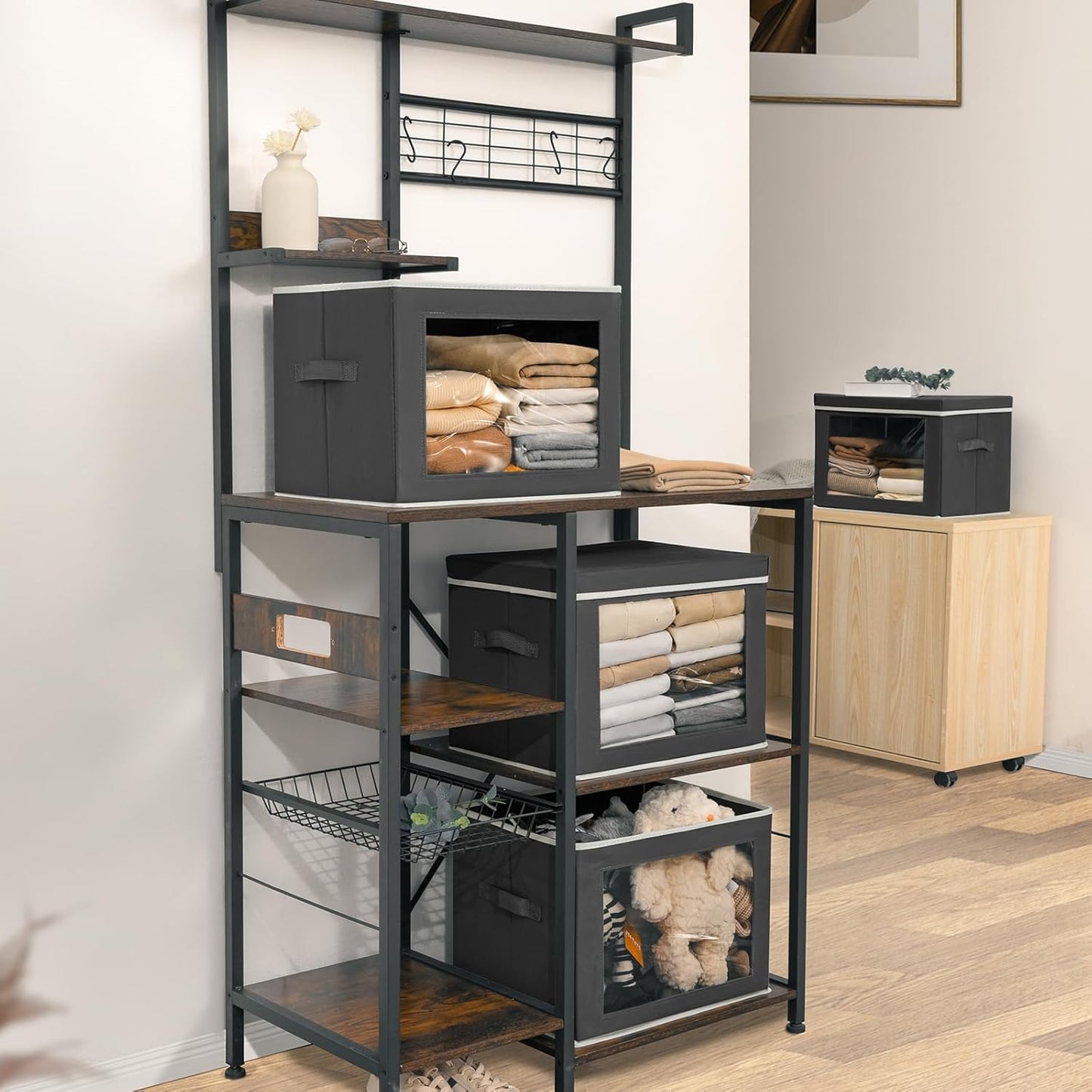 Stackable Storage Bins with Lids - Large Storage Box with Lids, Foldable Closet Boxes for Organizing, Wardrobe Clothes Organizer with Window, Cubes Bins for Living Room, 6 Pack, Dark Grey