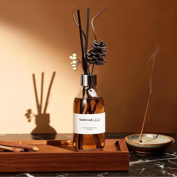 Clesh Reed Diffuser Set, 6.7 oz Sandalwood Scented Diffuser with Sticks, Home Fragrance Reed Diffuser for Bathroom Shelf Decor