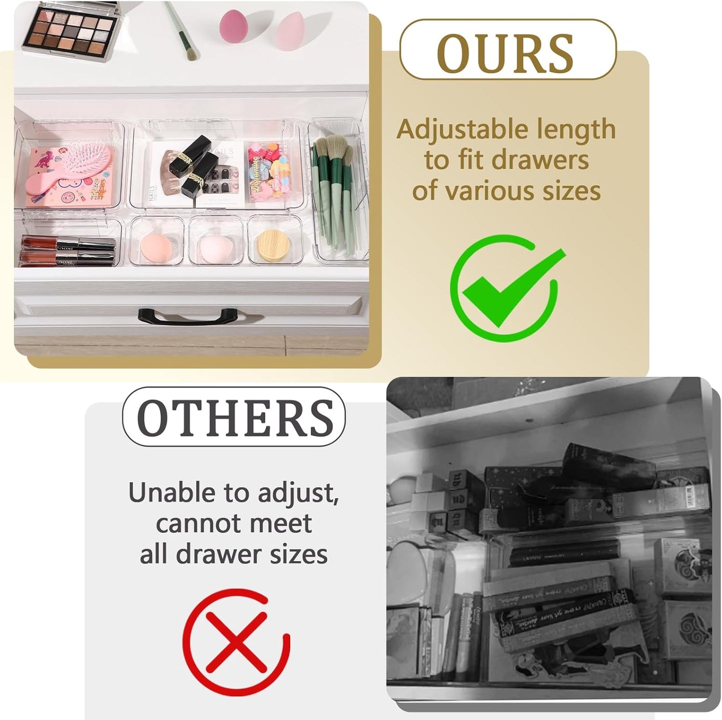 14 Pcs Adjustable Clear Drawer Organizer, Extendable Vanity Storage Bins, Desk Drawer Organizer Set for Makeup, Cosmetics, Bedroom, and Gadgets, Clear