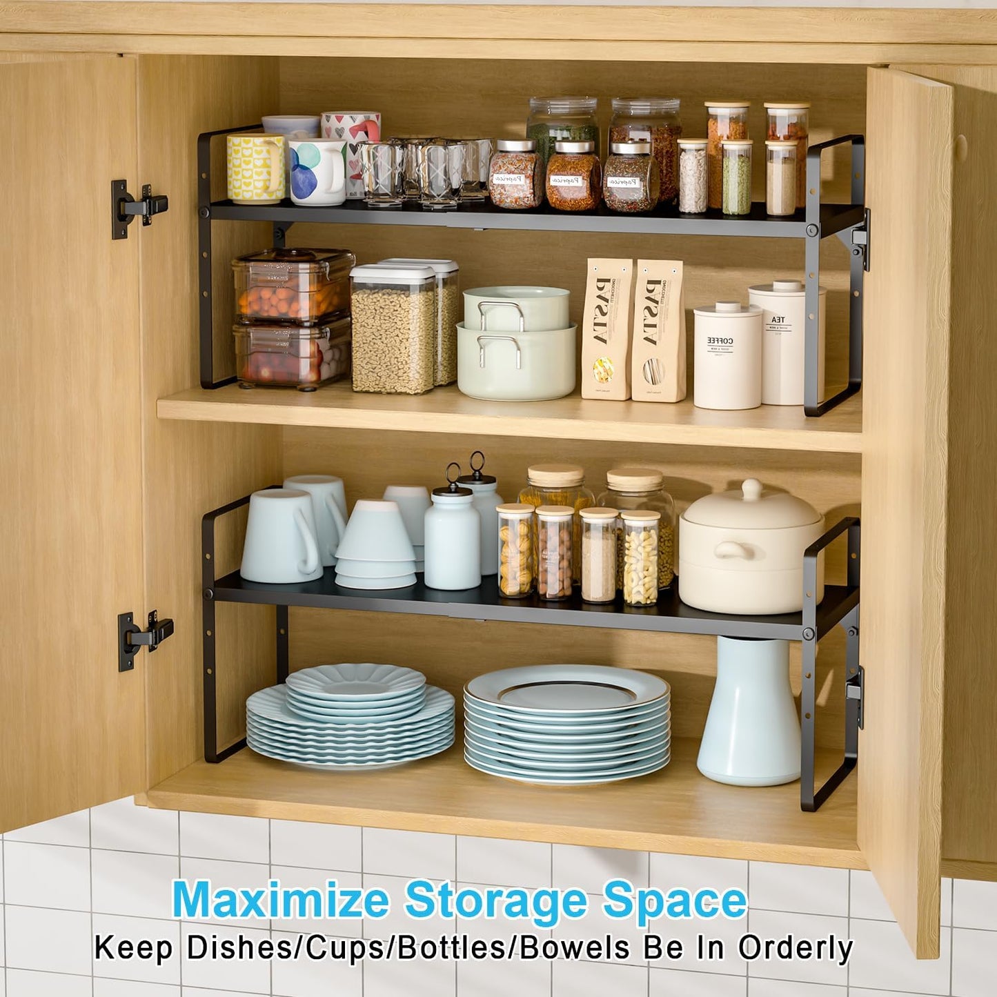 15.5 to 25.5 Inch Expandable Kitchen Cabinet Organizer Shelf, 2 Pack 30 LBS Heavy Duty Adjustable Kitchen Counter Storage Shelves Organizers,Stackable Small Storage Shelf Rack For Cabinet Cupboard