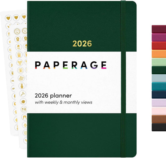 PAPERAGE 2026 Weekly & Monthly Planner, 12 Months (January 2026 - December 2026), 5.6 in x 8 in, Hardcover 2026 Planner with Weekly & Monthly Spreads, Note Pages, Stickers & Back Pocket – Dark Green
