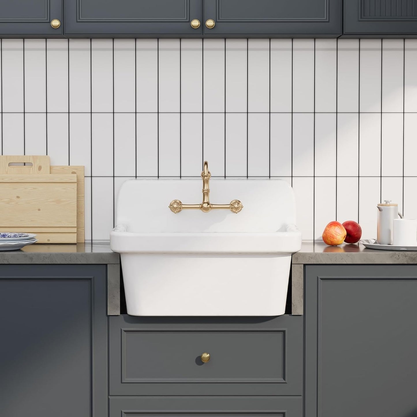 LUCKWIND 24 Inch Wall-Mounted Ceramic Utility Sink, White Farmhouse Sink for Laundry, Bathroom, Kitchen, Garage – Durable High Back Design