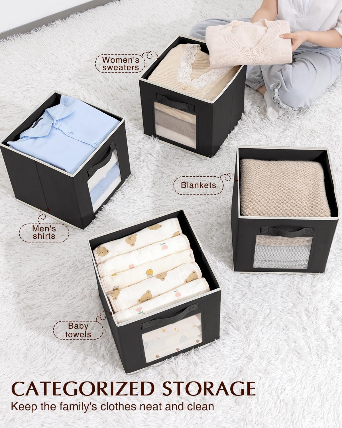 Cube Storage Bins - Fabric Shelves for Closet Organization, Foldable Storage Bins for Clothes, Decorative Storage Baskets with Window for Home, Set of 6, Black