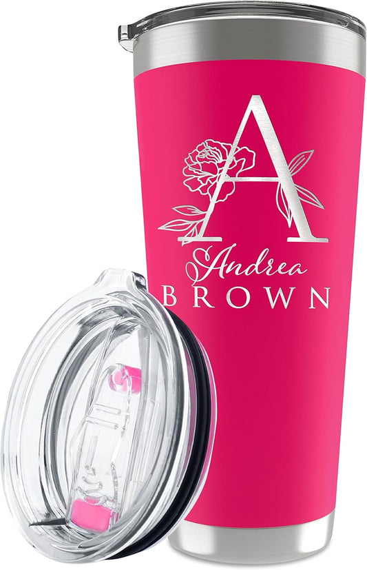 Personalized Tumbler with Engraved Name - 12 Designs, 30 Oz Coffee Tumbler with Slider Lid, Hot Pink, Double Wall Insulated - Gifts for Mom, Custom Gift for Women, Personalized Gift for Her
