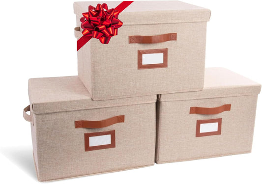 3 Pack Large Fabric Storage Box with Lid - Decorative Bin with Lid, Label Holder, Faux Handles - Large Decorative Storage Boxes with Lids for Organizing Clothes, Blankets - Oatmeal
