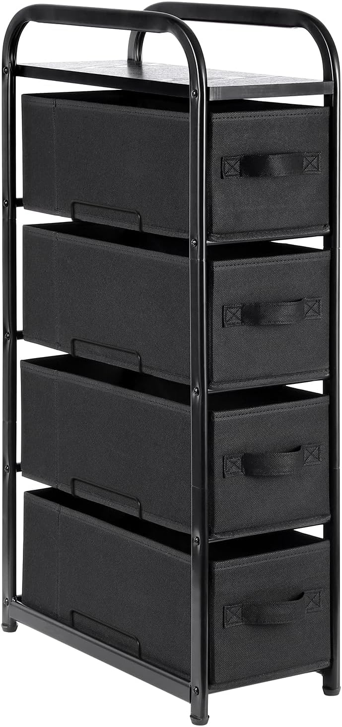 MAX Houser 4 Drawer Narrow Dresser Fabric Storage Tower Vertical Slim Storage Chest Organizer Nightstand Side/End Table Small Standing Organizer Removable Drawers Wood Top for Bedroom, Bathroom（Black)