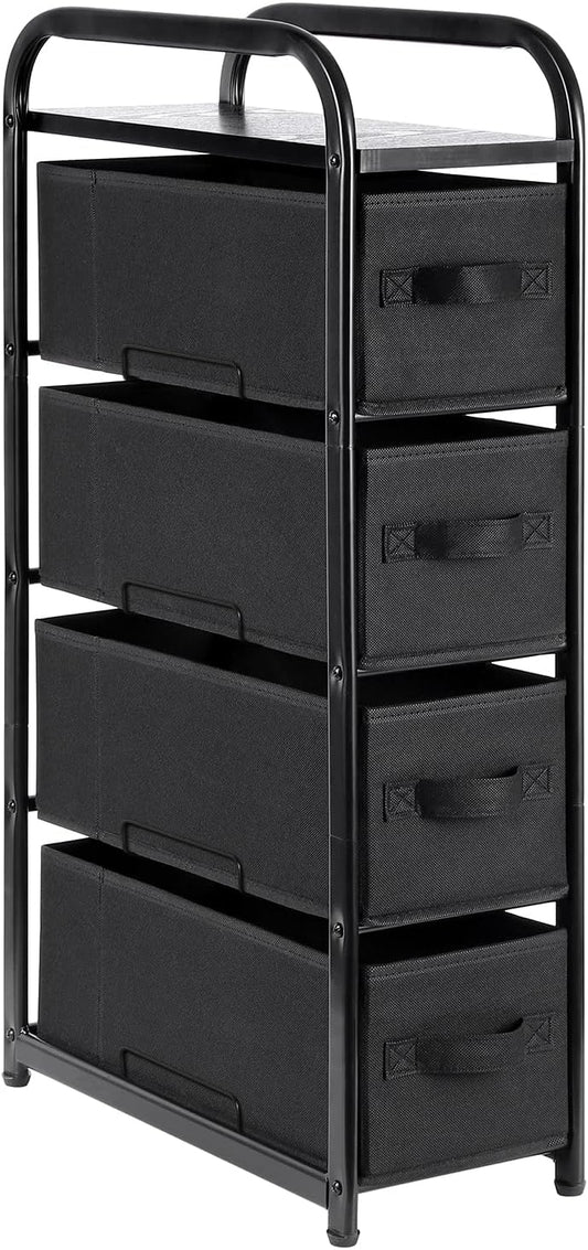 MAX Houser 4 Drawer Narrow Dresser Fabric Storage Tower Vertical Slim Storage Chest Organizer Nightstand Side/End Table Small Standing Organizer Removable Drawers Wood Top for Bedroom, Bathroom（Black)