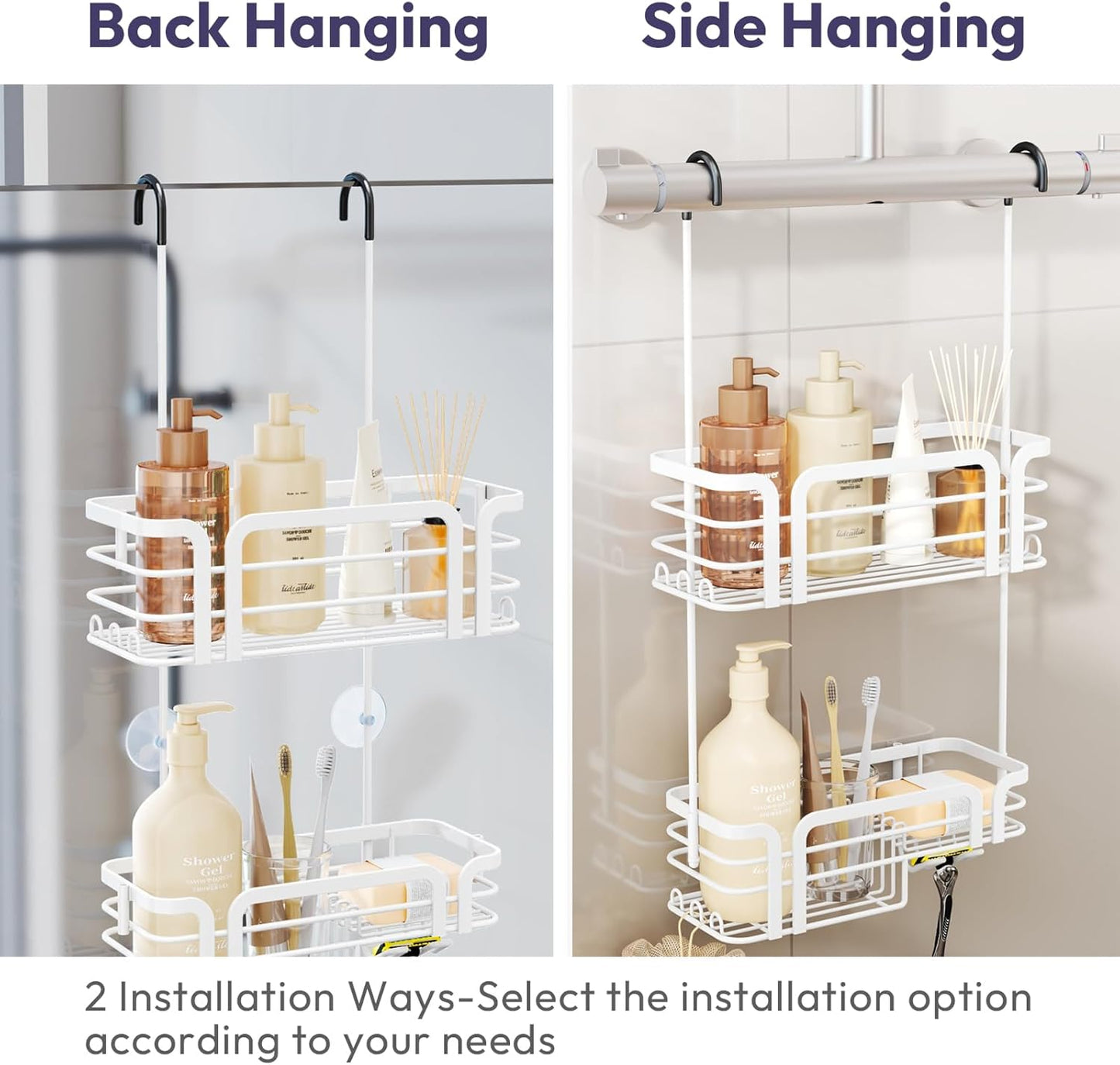 SWTYMIKI Shower Caddy Hanging Organizer - Over the Door Shower Caddy with Soap Holder, 11 Hooks, 2 Installation Ways, Stainless Steel Rustproof Bathroom Organizer, Black