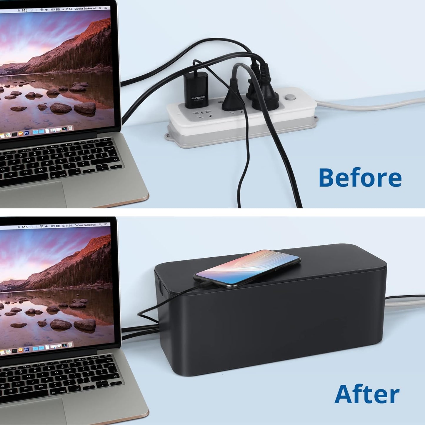 ZhiYo Cable Management Box Black, 2Pack Cord Organizer Box - Extra Large and Medium Size, Cord Hider Box to Conceal Power Strips on Desk or Floor, Made from Electrically Safe ABS Material