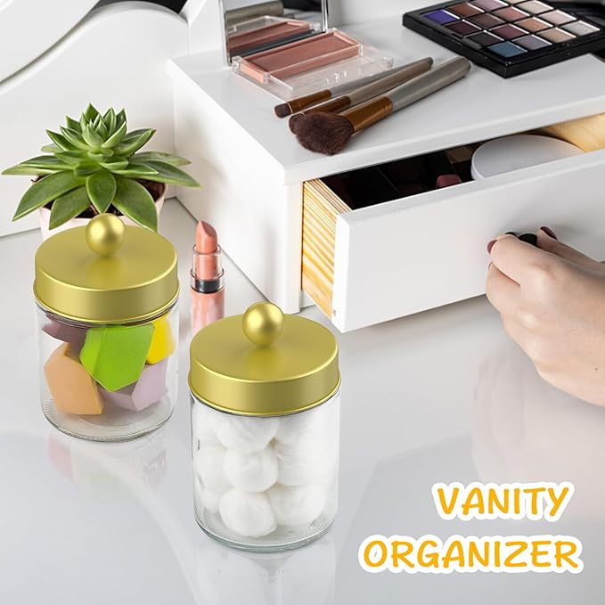 2 Pack Glass Apothecary Jars with Lids for Bathroom, Cute Qtip Holder, Gold Bathroom Accessories Set, Small Bathroom Canisters with Lids for Q-Tips, Cotton Swabs, Gold Bathhouses Decor