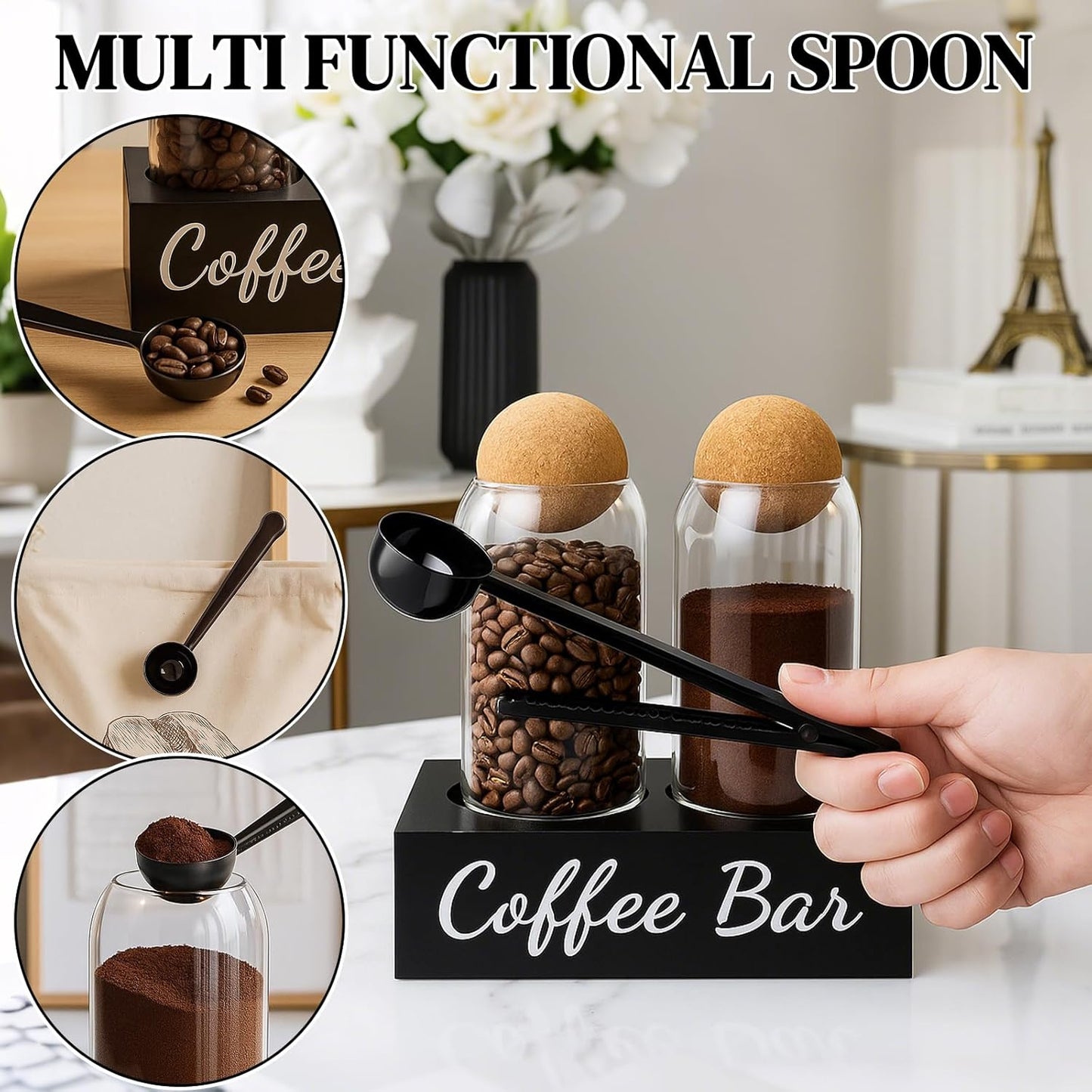 Coffee Container Set of 2 – 34oz Airtight Glass Coffee Bean Storage Jars with Wooden Lids, Metal Scoop & Wooden Base, Coffee Bar Organizer for Countertop, Tea & Sugar Canisters with Labels