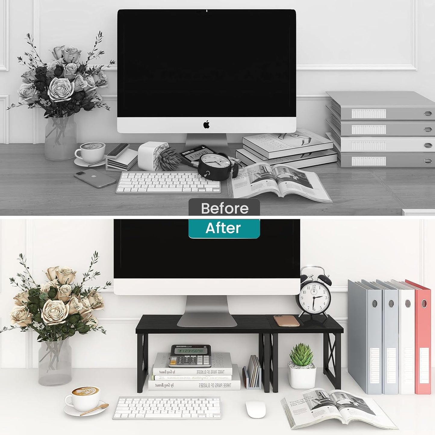 ELITEROO Wood Desktop Shelf, Freestanding Small Bookshelf Dorm Supplies Organizers, 2 Tier Independent Stackable Desk Stand, Adjustable Storage Organizer, Kitchen Counter Display Rack, Black