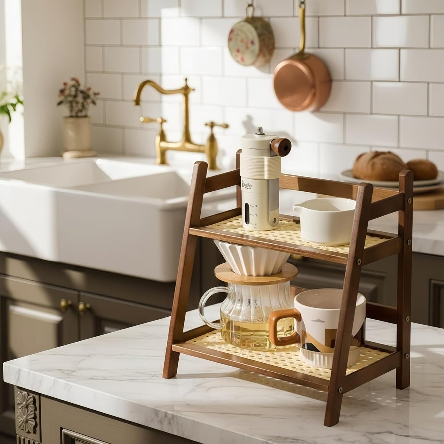 Narrow Mug Holder Countertop, 2 Tier Wicker-Look Tea and Coffee Bar Station Organizer, Bamboo Matcha Stand, Cup Display Shelf, Condiment Storage Rack for Kitchen Counter Cabinet, Brown