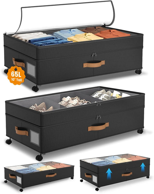 Under Bed Storage with Wheels, 10 inches Under the Bed Storage Containers Large, 65L XXL Adjustable Storage for Underbed with Lids, Rolling for Shoes, Clothes, Blankets, Black