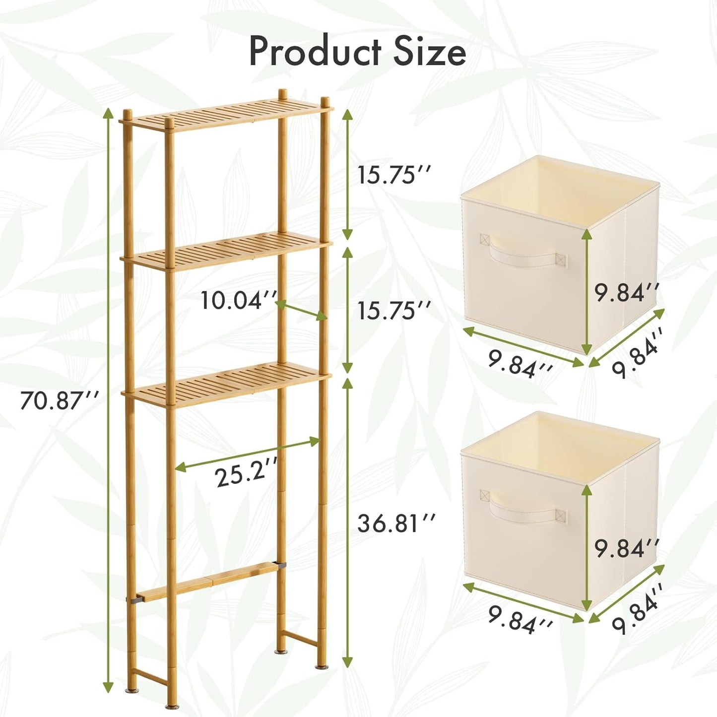 AmazerBath Over The Toilet Storage Bamboo, 3-Tier Over Toilet Organizer Rack with 2 Fabric Storage Bins, Freestanding Toilet Shelf for Bathroom Laundry Space Saver, Natural Color