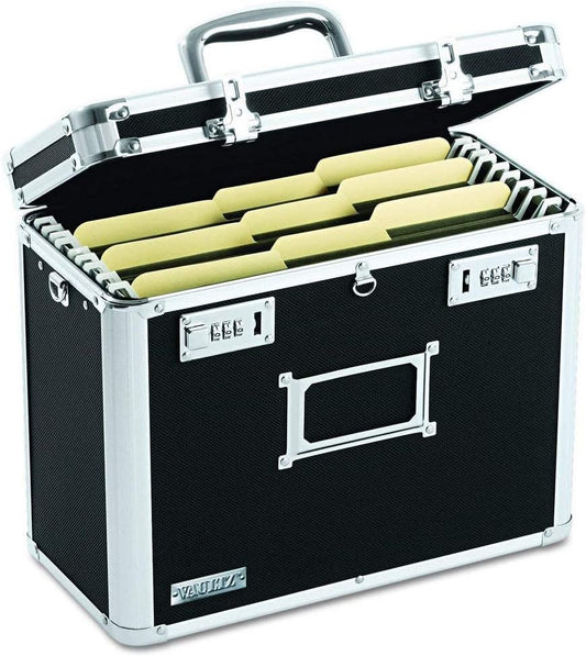 Vaultz File Organizer Storage Box - 14 x 7 x 12.19 Inch Letter Size, Portable Locking Storage Totes with Dual Combination Locks for Filing Office Documents - Black