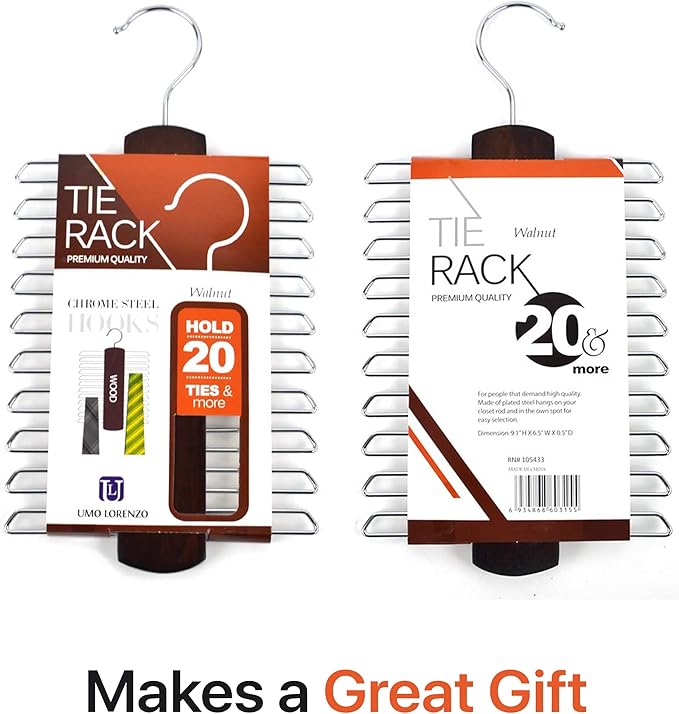 Umo Lorenzo 2 Pack Premium Wooden Necktie and Belt Hanger, Walnut Wood Center Organizer and Storage Rack with a Non-Slip Finish - 20 Hooks