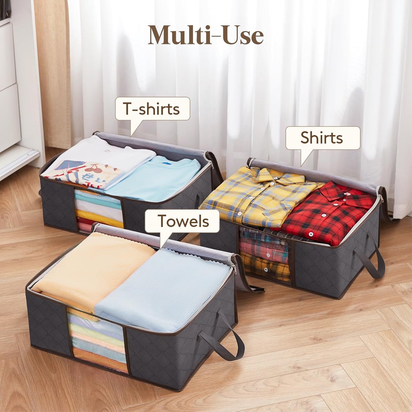 Lifewit 6 Pack Clothes Storage Bag, Foldable Storage Bin Closet Organizer with Reinforced Handle, Sturdy Fabric Blanket Storage with Clear Window, Storage Containers for Clothing, Bedding, Gray