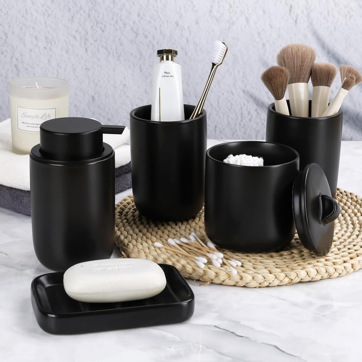 BosilunLife Ceramic Bathroom Accessories Sets - Black Bathroom Vanity Sets Accessories Soap Dispenser Toothbrush Holder Set, Soap Dish and Cotton Swab Jars, Bath Accessories Sets for Bathroom