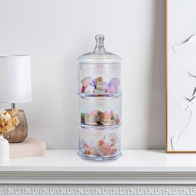 MyGift 16-Inch Modern 3-Tier Iridescent Rainbow Glass Apothecary Jars with Lids – Transparent Stacking Candy, Cookie, and Bathroom Storage Containers