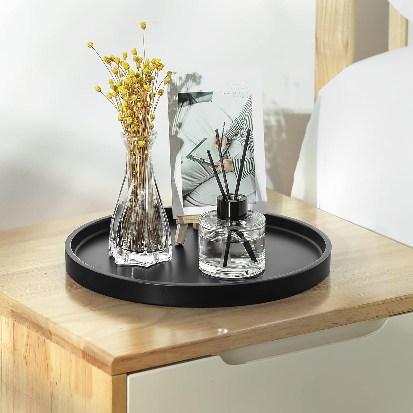 Emibele Vanity Tray, Resin Round Tray Decorative Storage Organizer for Bathroom Toilet Tank Bedroom Kitchen Countertop, Jewelry Storage Dresser Tray for Candle,Lotion Bottle,Cosmetics, Matte Black