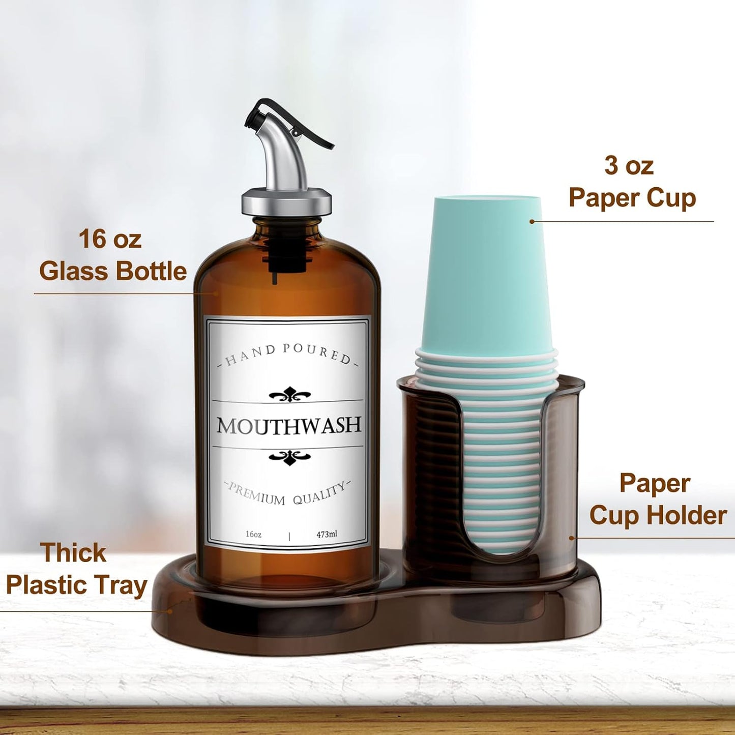 Amber Glass Mouthwash Dispenser with Cup Holder for Bathroom, 16oz Refillable Mouthwash Bottles Container with Tray, Funnel and 2 Waterproof Labels