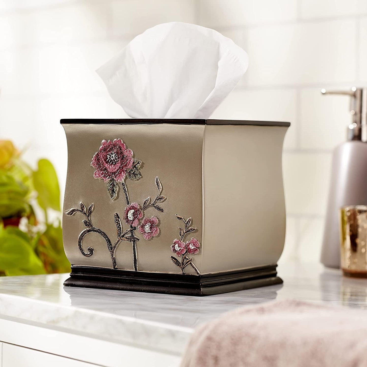 Zahari Home 2pc Larrisa Floral Bathroom Decor Set Waste Basket for Bathroom & Tissue Cover Modern Classic Contemporary Decor Stylish Unique Design Beautiful Bathroom Accessories Set