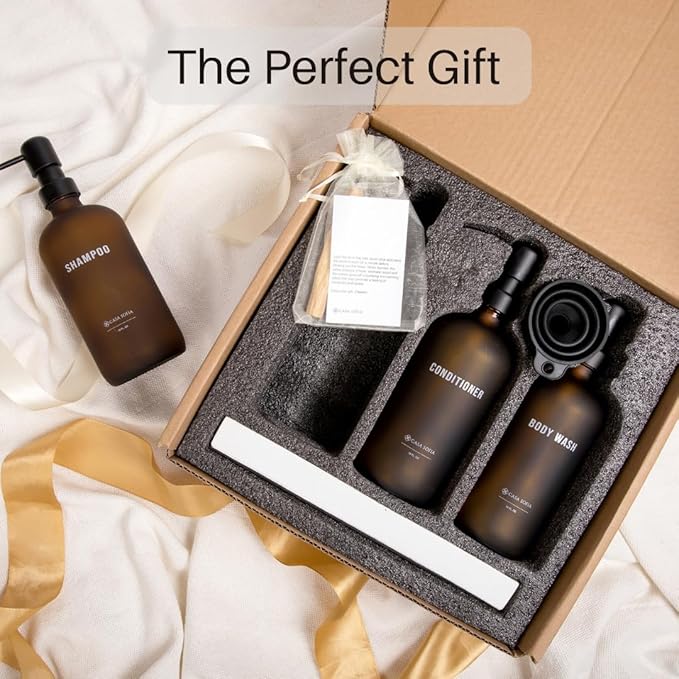 Frosted Amber Glass Shampoo and Conditioner Dispenser Set – Refillable 16 OZ Bottles with Pump, Concrete Tray Included – Modern Bathroom Organization