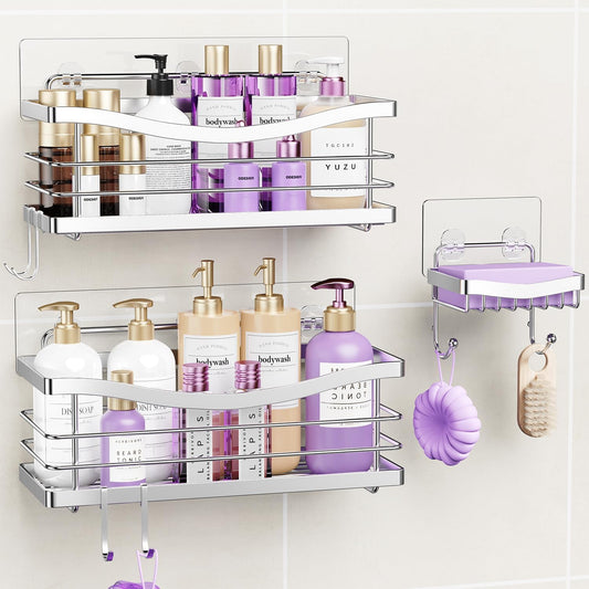 ODesign Shower Caddy 3 Pack-Shower Organizer Shelves Rack Rustproof SUS304 Stainless Steel for Bathroom Storage&Kitchen-No Drilling Adhesive Shower Caddy Shelf Dorm Room Essentials-Silver