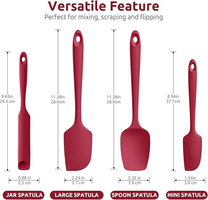U-Taste 600ºF Heat Resistant Silicone Spatulas: Flexible Food-Grade Silicon Baking Scraper, Kitchen Cooking Mixing Utensils with Upgraded Sturdy Handle Tip for Nonstick Cookware (4-Pc., Red)