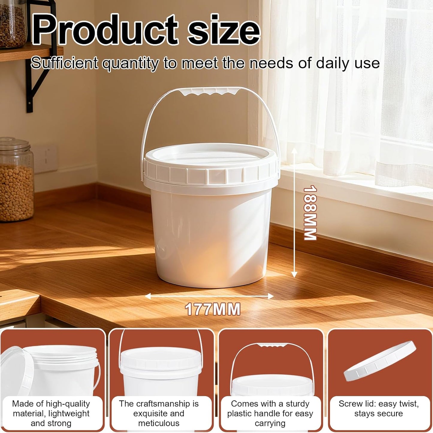 4 Pack 1 Gallon Plastic Buckets with Screw Lids & Handle, Food Grade Storage Containers for Kitchen, Freezer - Reusable White Plastic Bucket Set