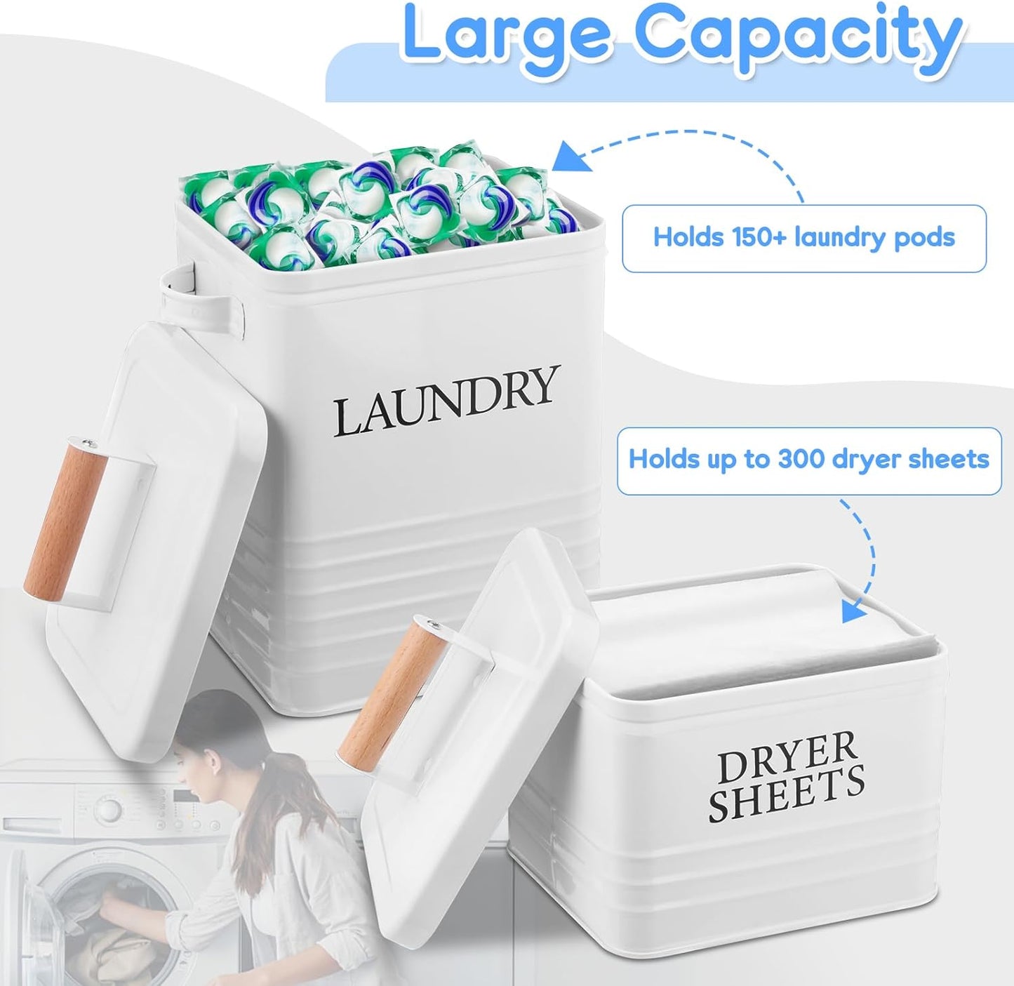 Metal Laundry Powder Container with Dryer Sheet Holder Modern Farmhouse Laundry Detergent Container with 1 Spoon Fabric Softener Dispenser with Lid for Space Saving Room Organization and Decor, White