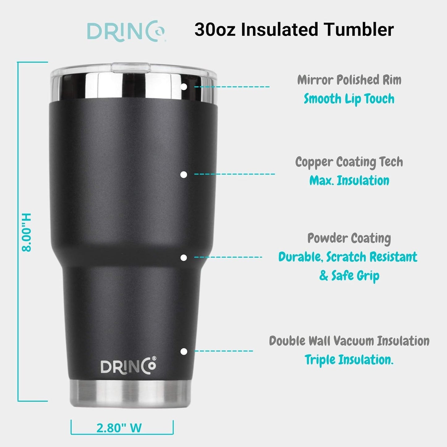 Drinco - 30 oz Stainless Steel Tumbler | Double Walled Vacuum Insulated Mug With Lid, 2 Straws, For Hot & Cold Drinks (30oz, 30oz Black), 1 Count (Pack of 1)