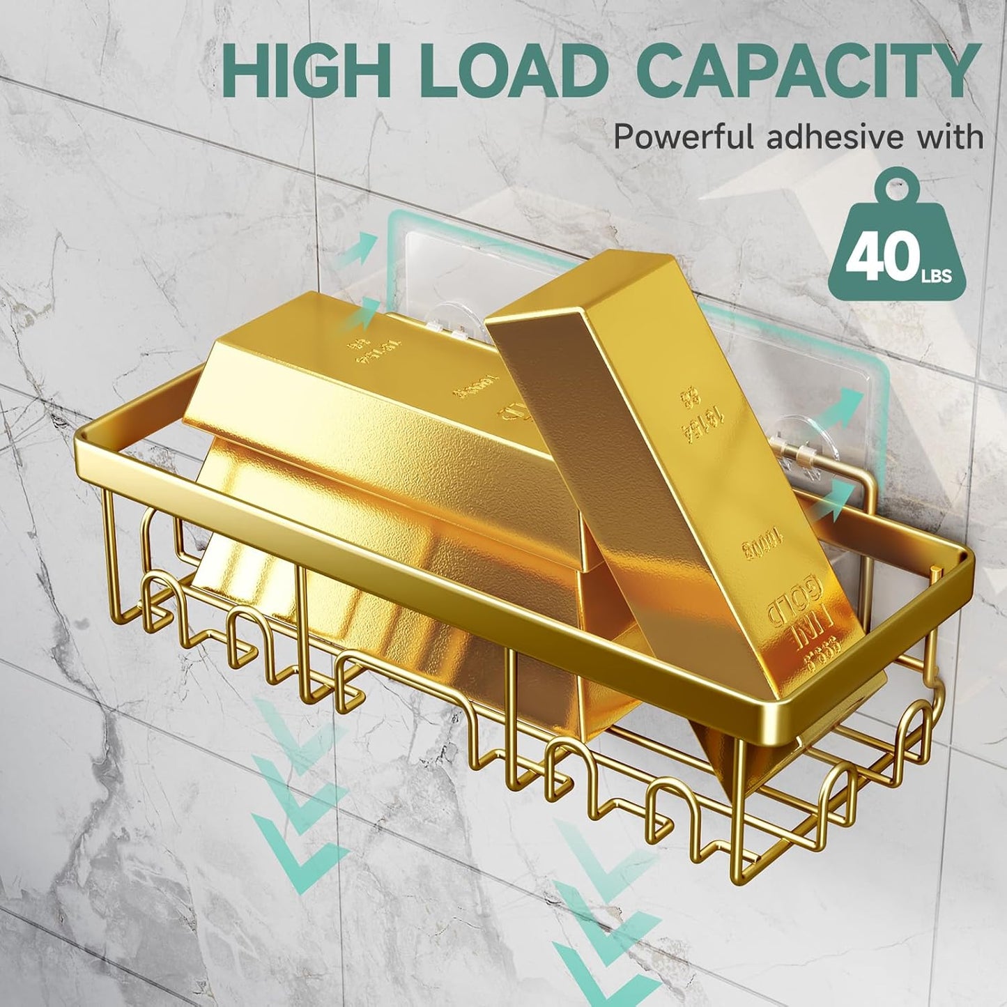 Veken Adhesive Shower Caddy 5-Pack,Heavy Weight Bearing,Large Wall Mounted Shower Shelves Rack,Organizer Storage Accessories with Soap Dish&Toothbrush Holder,Ideal for Bathroom,Home&Kitchen,Gold