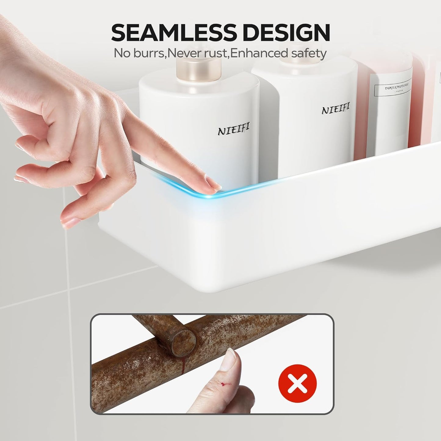 Nieifi Adhesive Wall Shelf, Shower Shelves 5 Pack with Soap Holder, Shower Organizer for Bathroom Organization, White