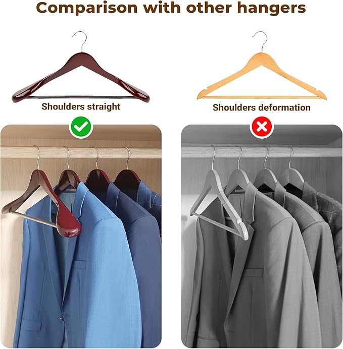 Coat Hanger 8-Pack, MEQUTION Wood Hangers Trouser Hangers Extra Wide Shoulder Wooden Hangers for Heavy Coat, Sweater, Skirt, Suit, Pants, Retro Finish (Cherry)