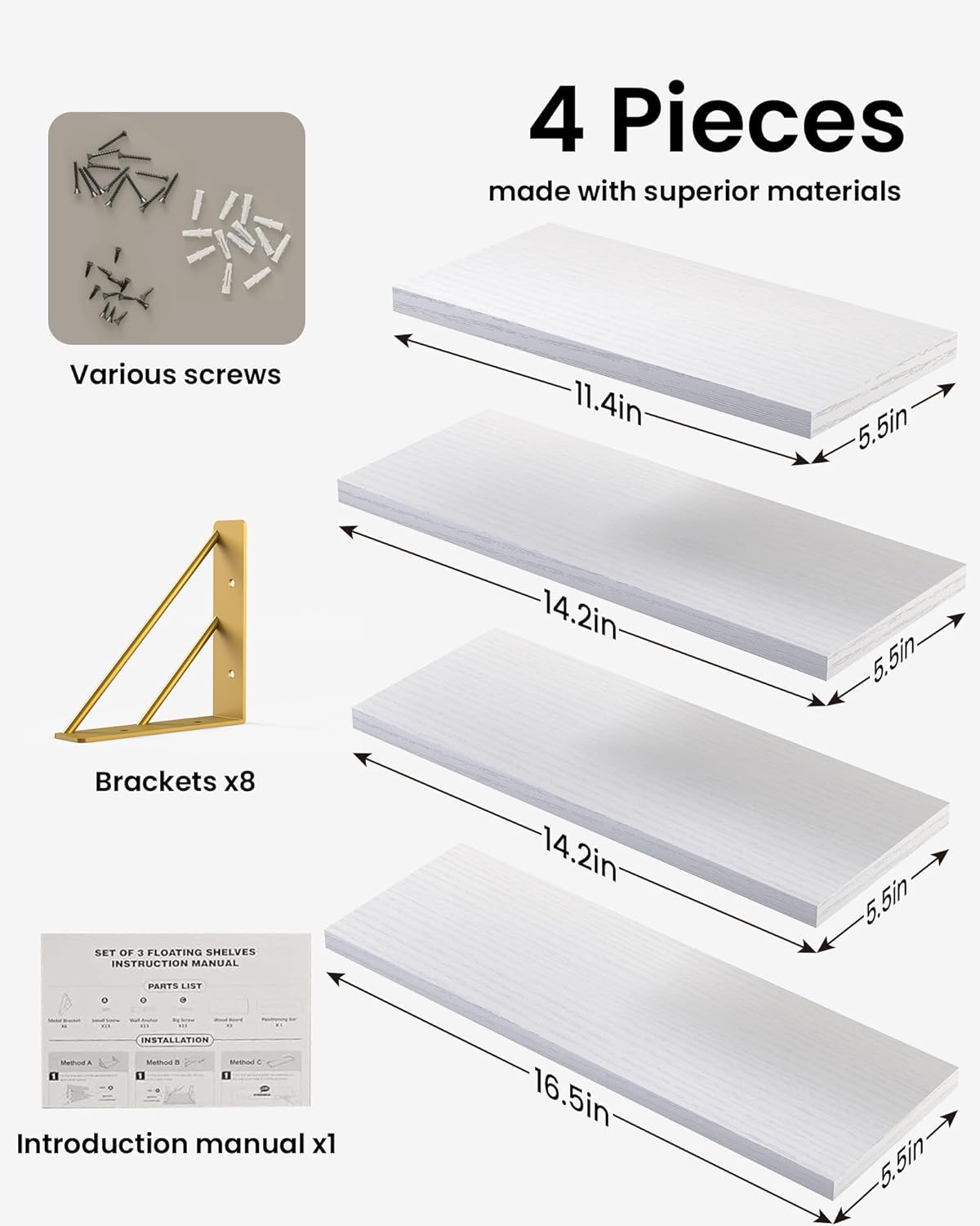 BAYKA Wall Shelves for Bedroom Decor, Floating Wall Shelf for Living Room Kitchen Storage, Mounted Rustic Wood Shelves for Kids Books, Corner Shelf for Bathroom(White and Gold，Set of 4)