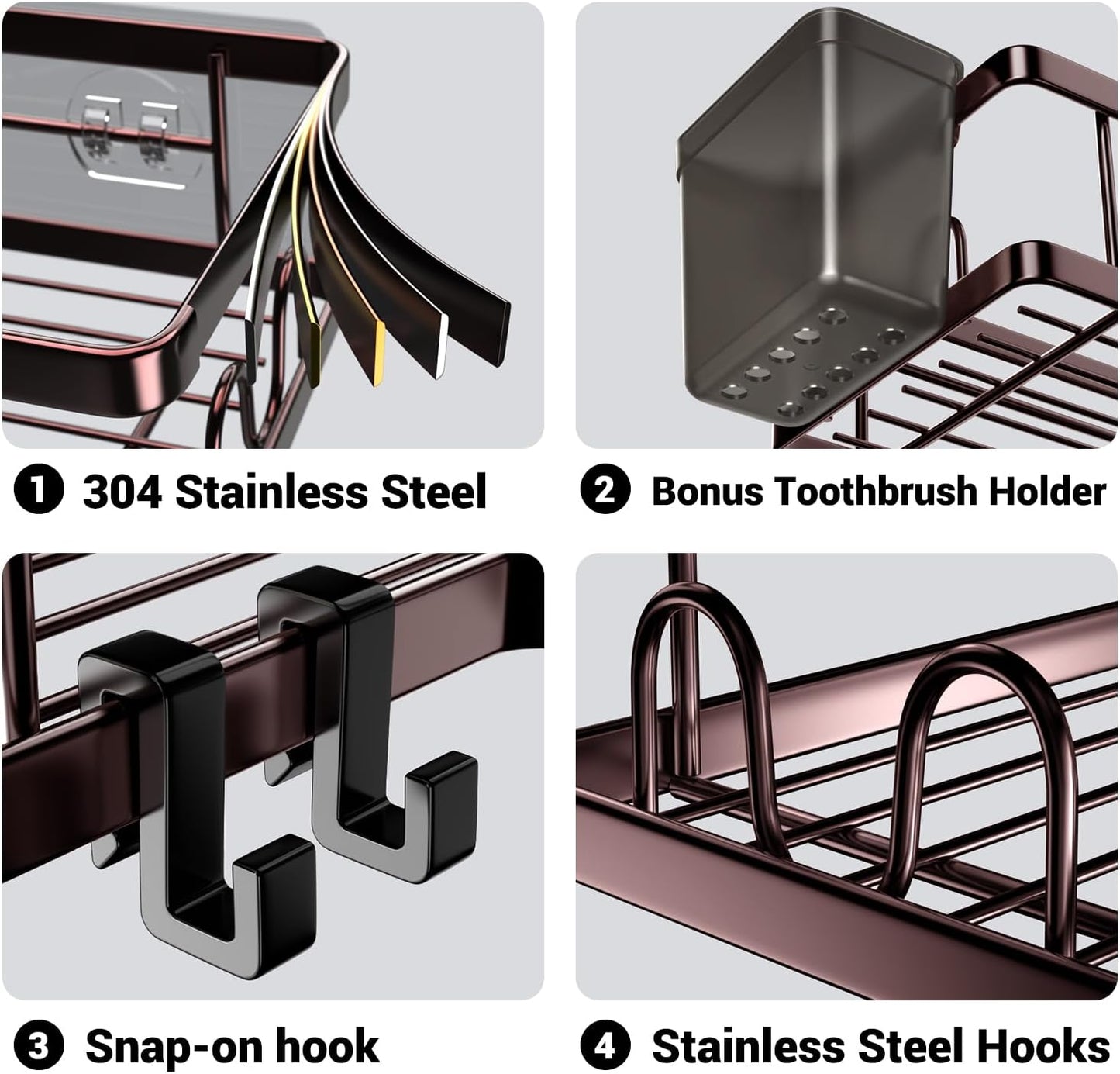 Shower Caddy Corner Organizer: 2Pack Adhesive Shower Shelf Essentials - No Drilling Stainless Steel Bathroom Storage Rack with Hooks and Toothpaste Holder - Shower Accessories