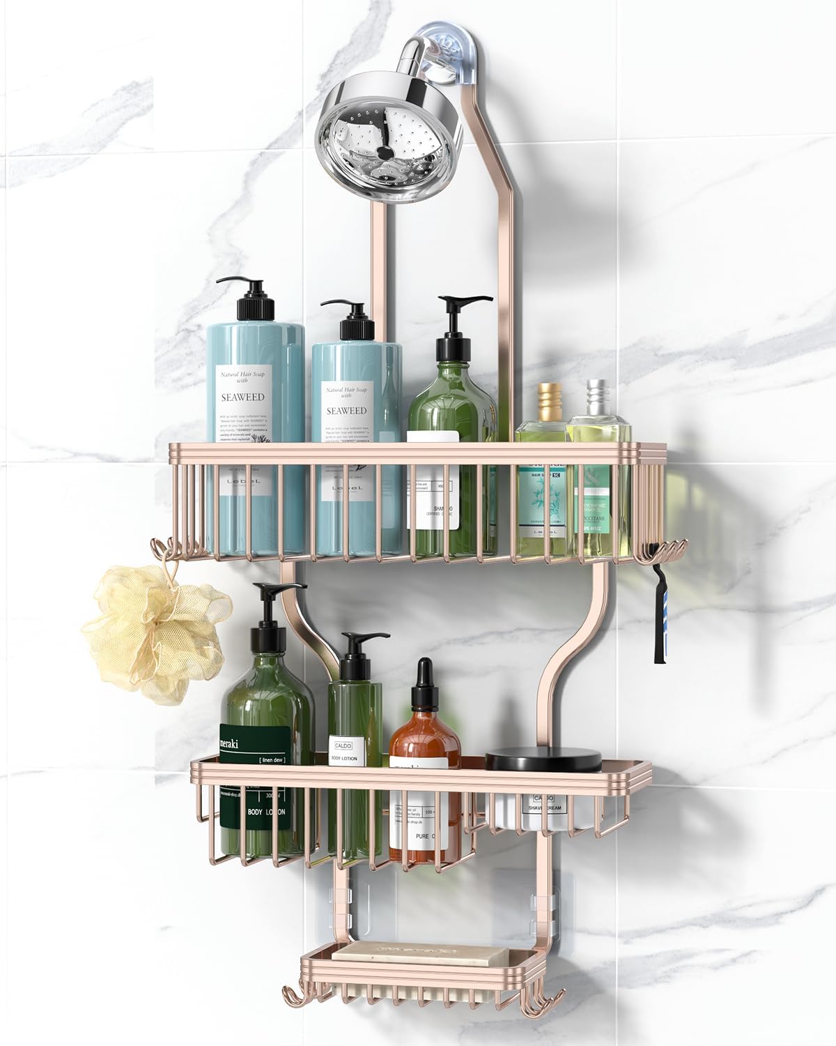 YASONIC Shower Caddy Hanging - Never Rust Shower Organizer - Aluminum over The shower head caddy with 10 Hooks for Razor/Sponge - Shower Rack with Soap Basket - Rose Gold